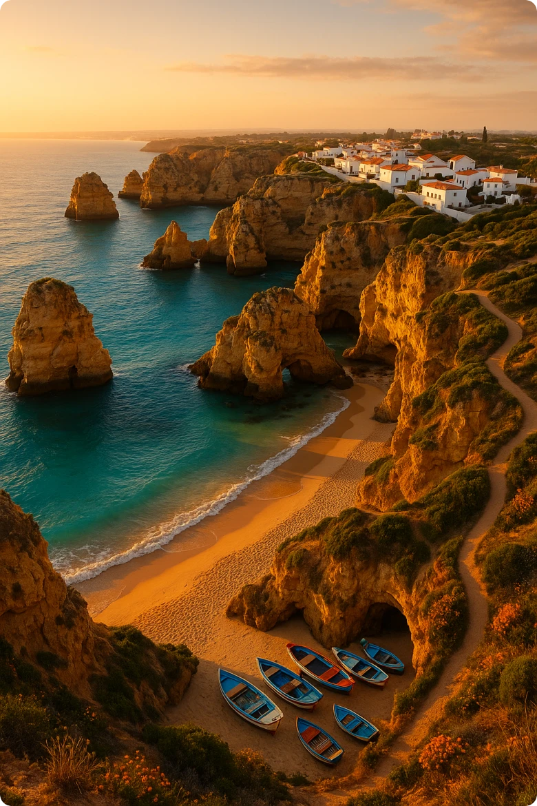 A breathtaking aerial view of the Algarve coastline at golden hour, showcasing dramatic limestone cliffs, turquoise-blue waters, and a coastal village.
