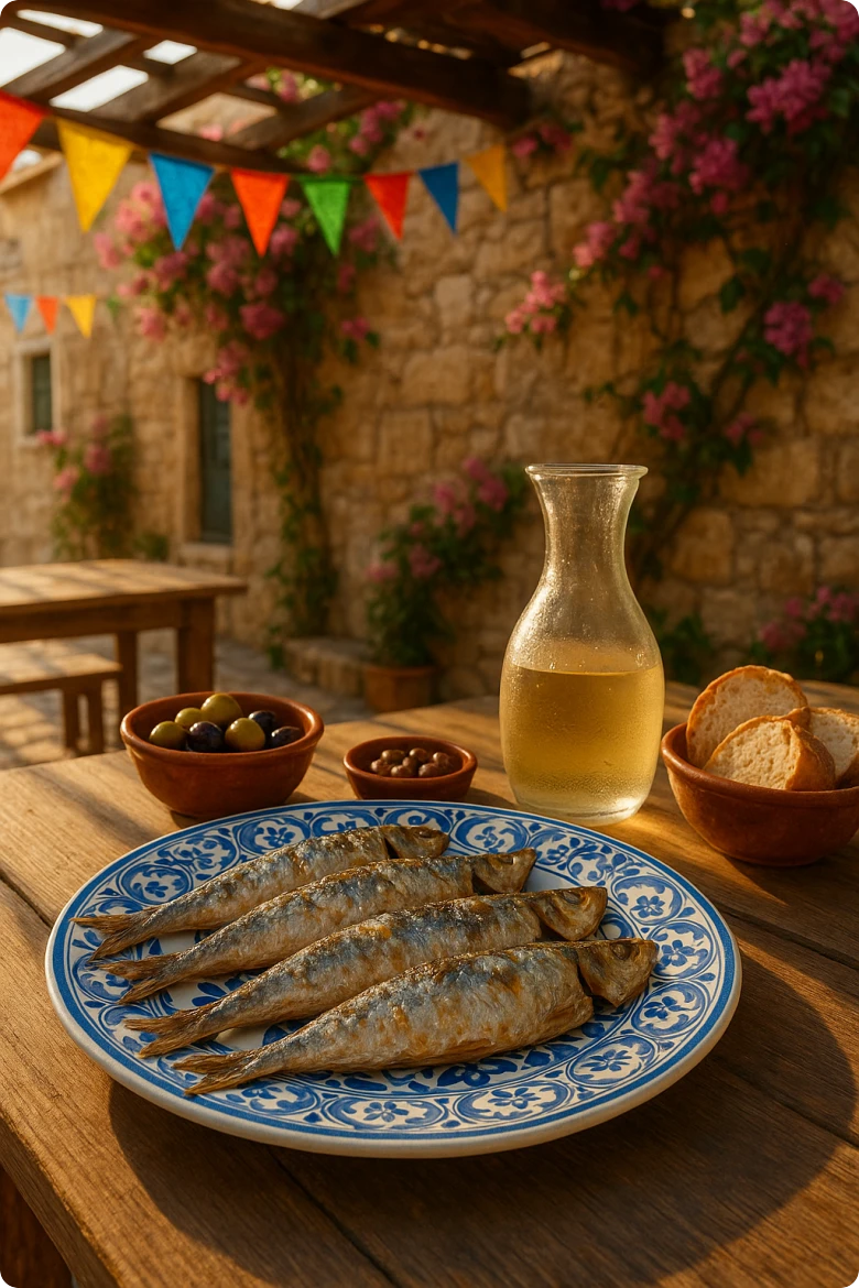 A detailed close-up of a traditional Portuguese outdoor dining setting in Lisbon's Alfama district, featuring grilled sardines, bread, olives, and wine.