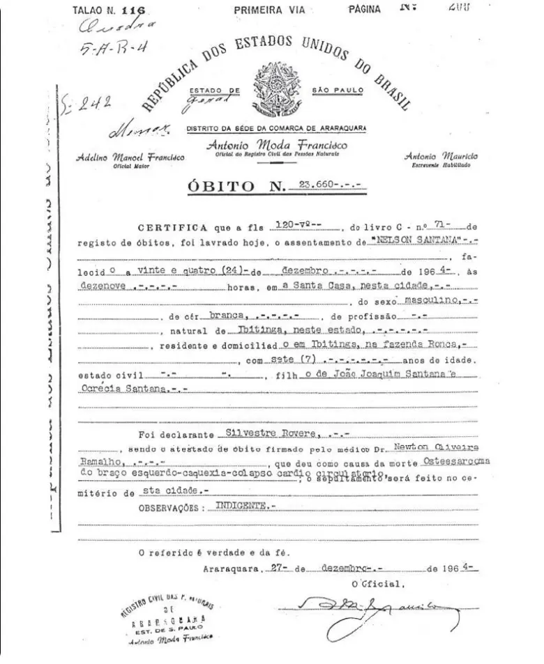 documento de certidão de óbito em português